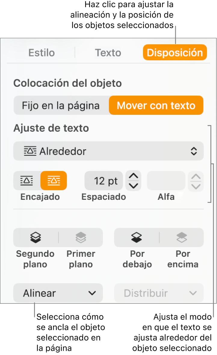 El menú Formato con la barra lateral Disposición. En la parte superior de la barra lateral Disposición se encuentran los ajustes de “Colocación del objeto”, y debajo están los ajustes de “Ajuste de texto”.