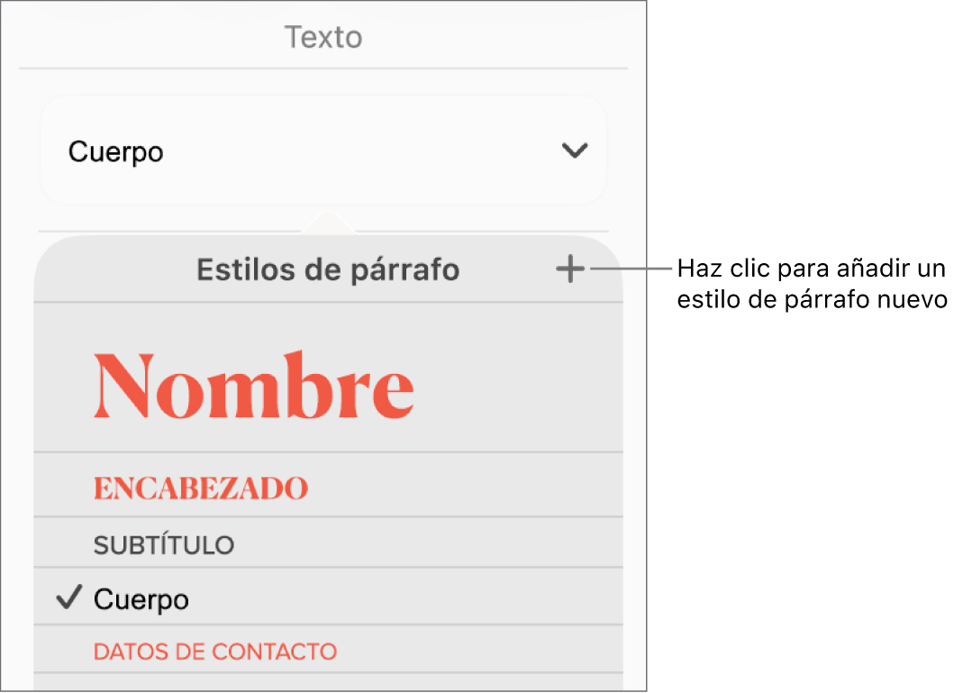 El menú “Estilos de párrafo” con una llamada al botón “Nuevo estilo”