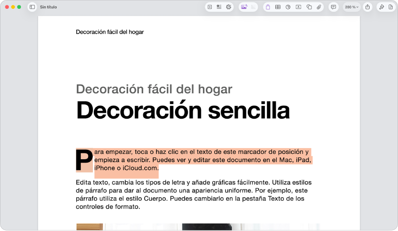 En un documento abierto con texto de marcador de posición de plantilla seleccionado.