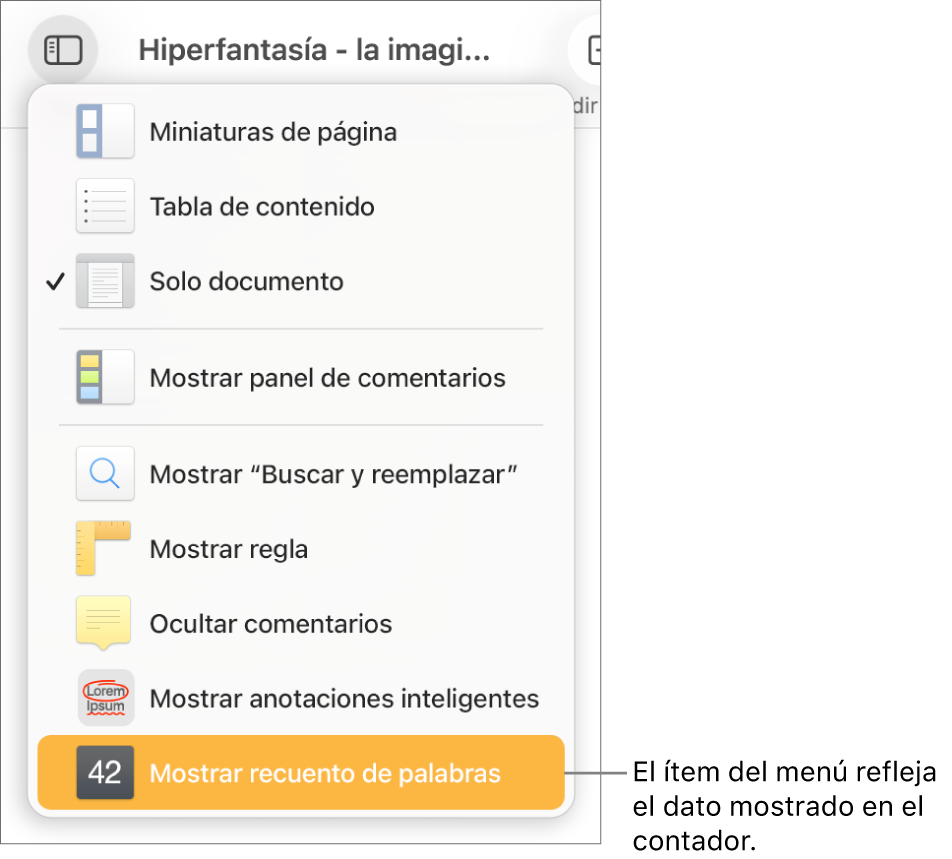 El menú Visualización abierto con “Mostrar el recuento de caracteres” casi al final.