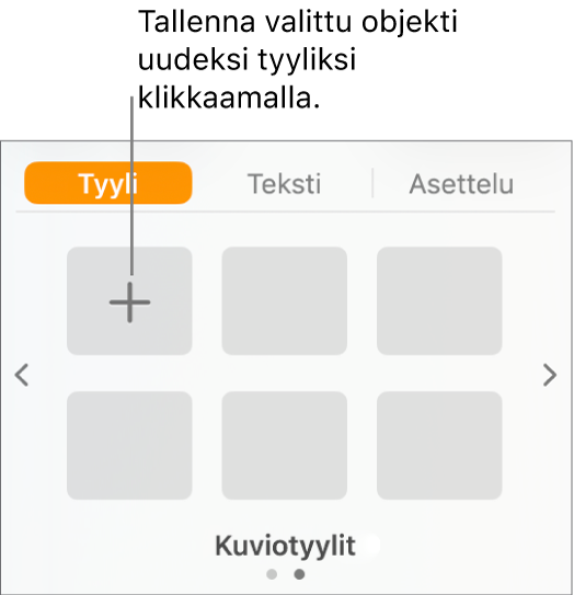 Muoto-sivupalkin Tyyli-välilehti, jonka vasemmassa yläkulmassa on Luo tyyli -painike ja viisi tyhjää tyylipaikanvaraajaa.