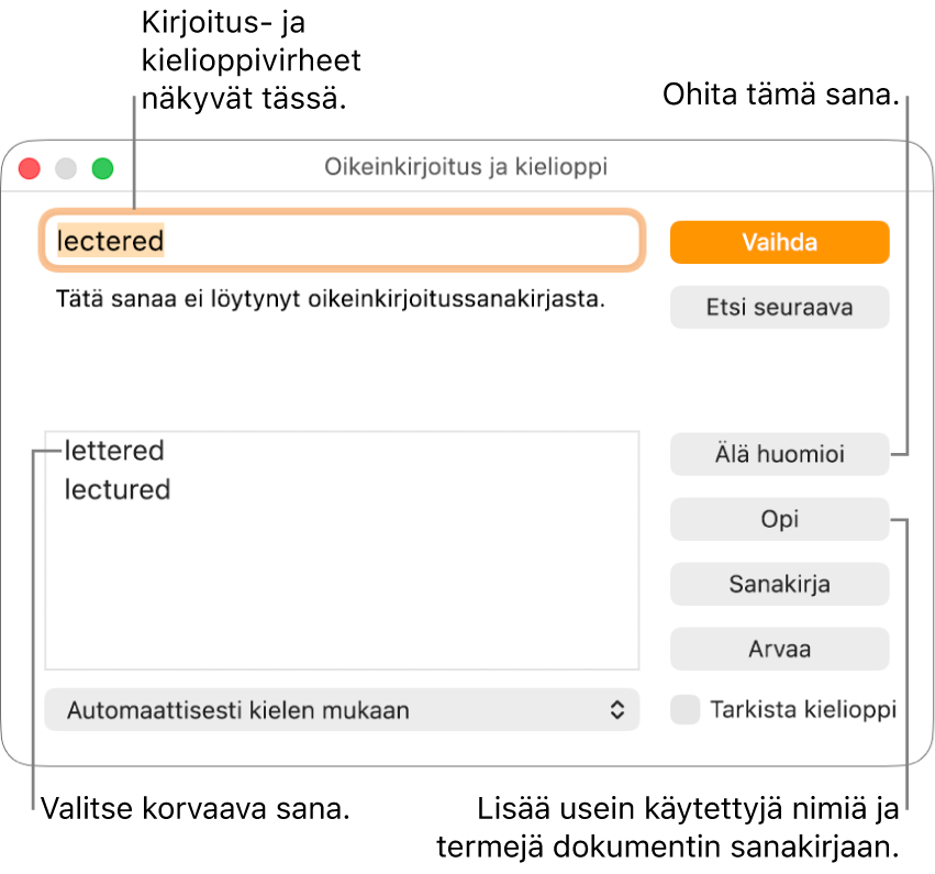 Oikeinkirjoitus ja kielioppi -ikkuna.