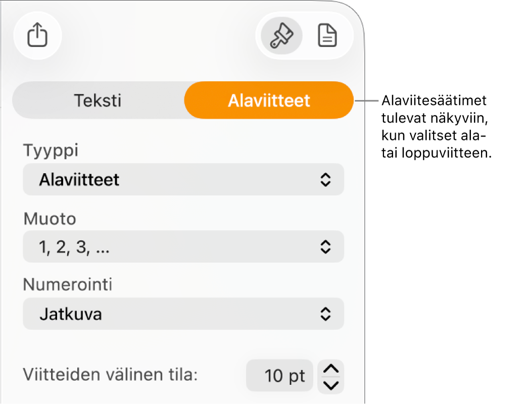 Alaviitteet-osio, jossa näkyy ponnahdusvalikot Tyyppi, Muoto, Numerointi ja Viitteiden välinen tila.