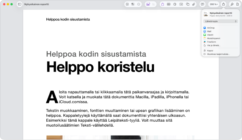 Avoin dokumentti, jossa on jakovalikko avattuna.
