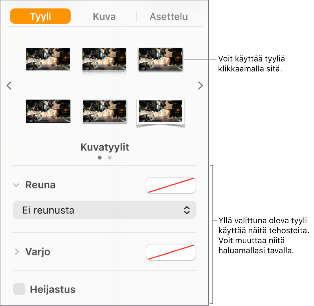 Muoto-sivupalkin Tyyli-välilehti, jossa näkyy objektin tyylivalintoja.