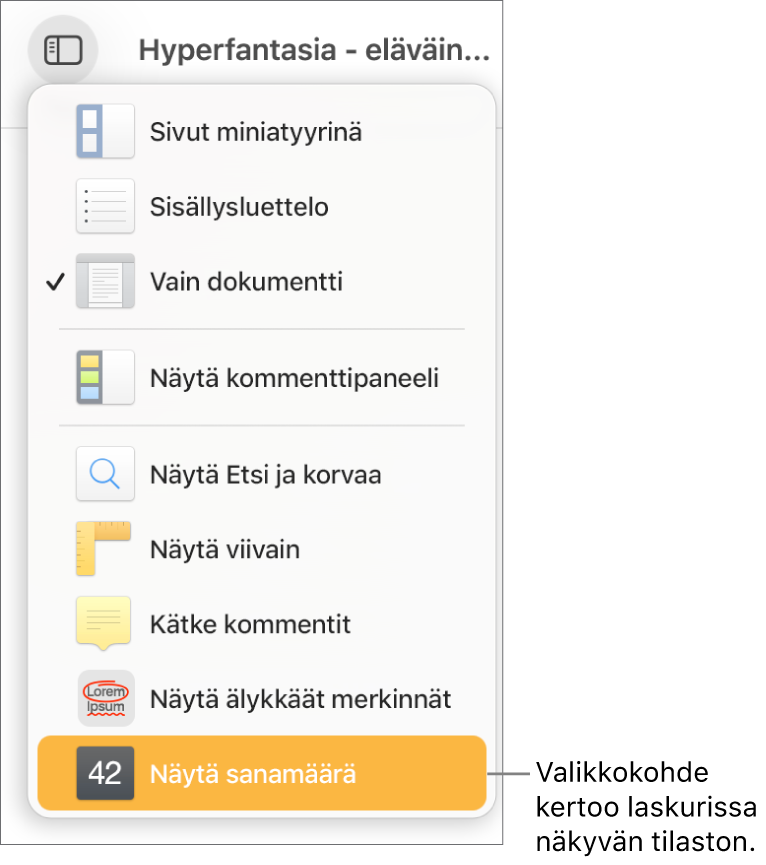 Näytä-valikkoon avoinna, ja sen alareunassa näkyy Näytä merkkimäärä.