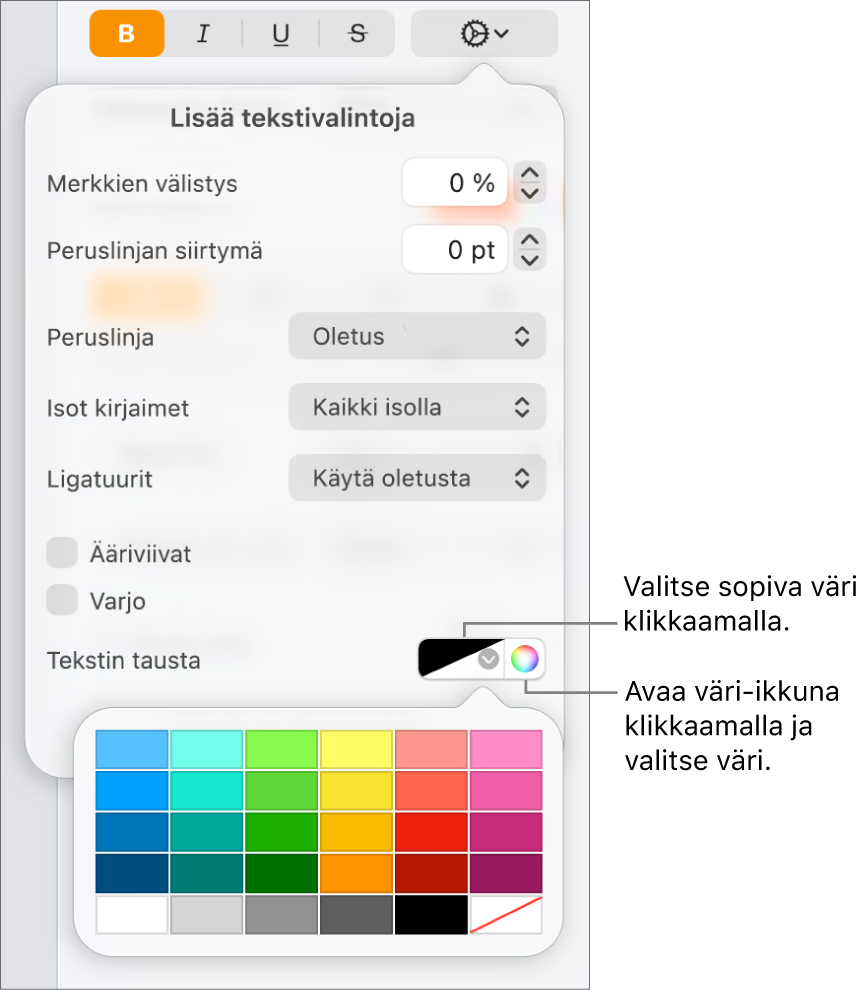Tekstin taustavärin valinnan säätimet.