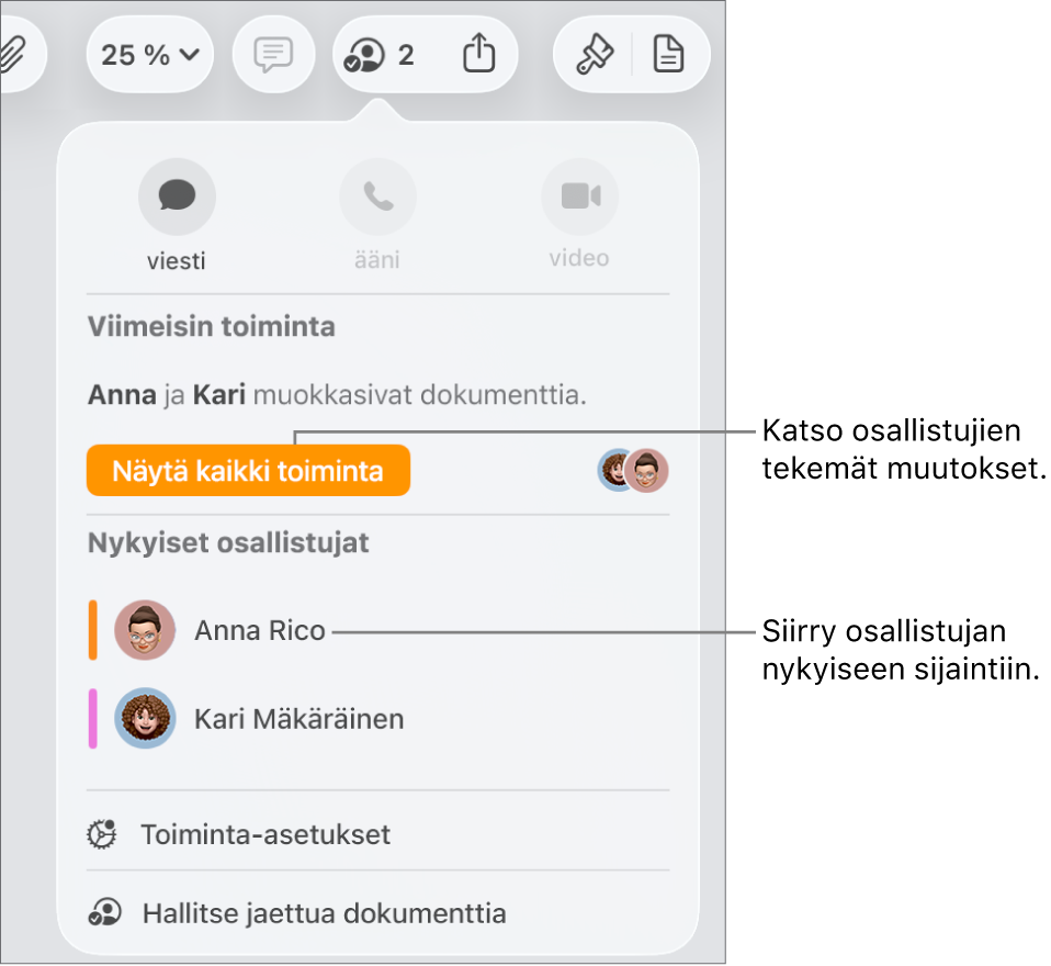 Yhteistyövalikko, jonka luettelossa on kaksi nykyistä osallistujaa.