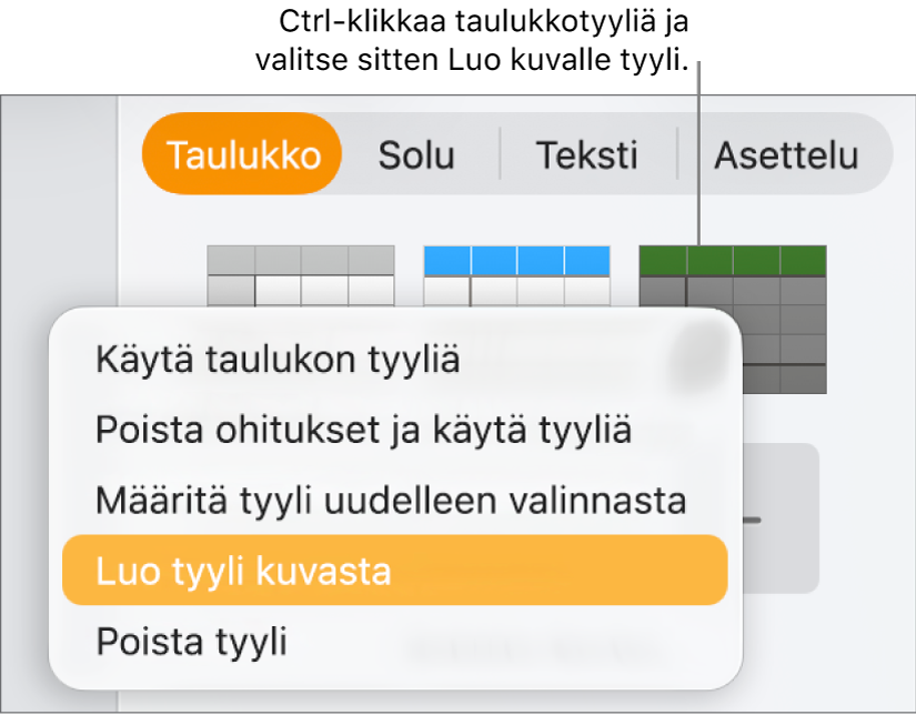 Taulukkotyylien oikotievalikko.