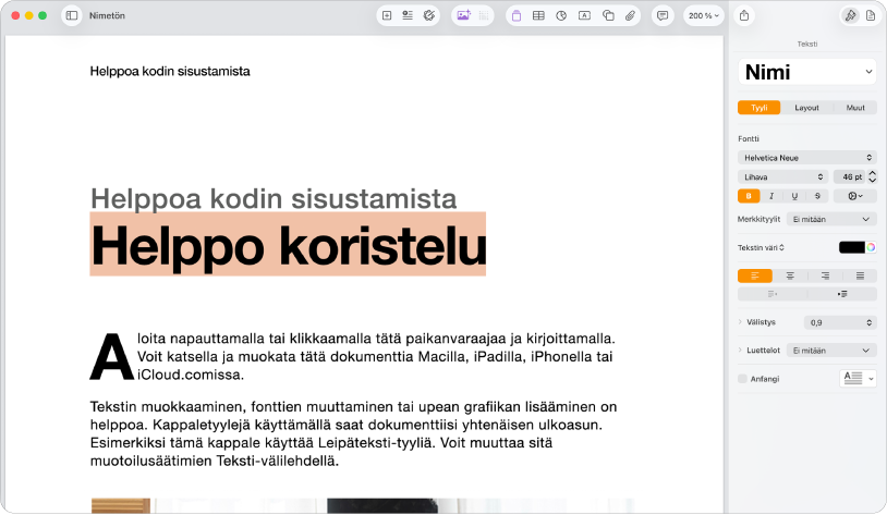 Avoin dokumentti, jossa on muotosivupalkki avattuna ja tekstivälilehti valittuna.