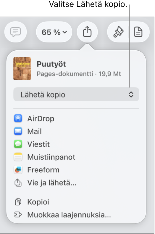 Jaa-valikko, jossa on ylhäällä valittuna Lähetä kopio.