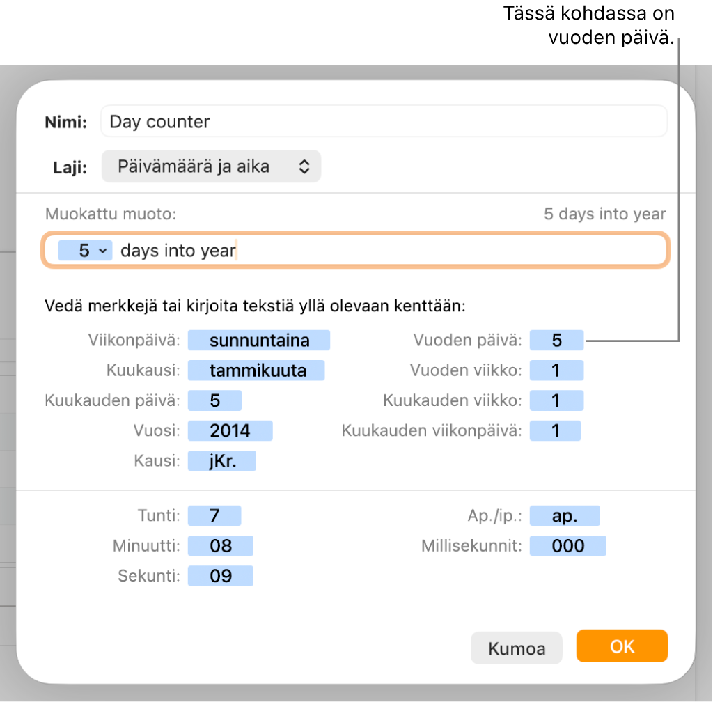 Muokatun solumuodon ikkuna, jossa on säätimiä muokattujen päivä- ja aikamuotojen valitsemiseen.