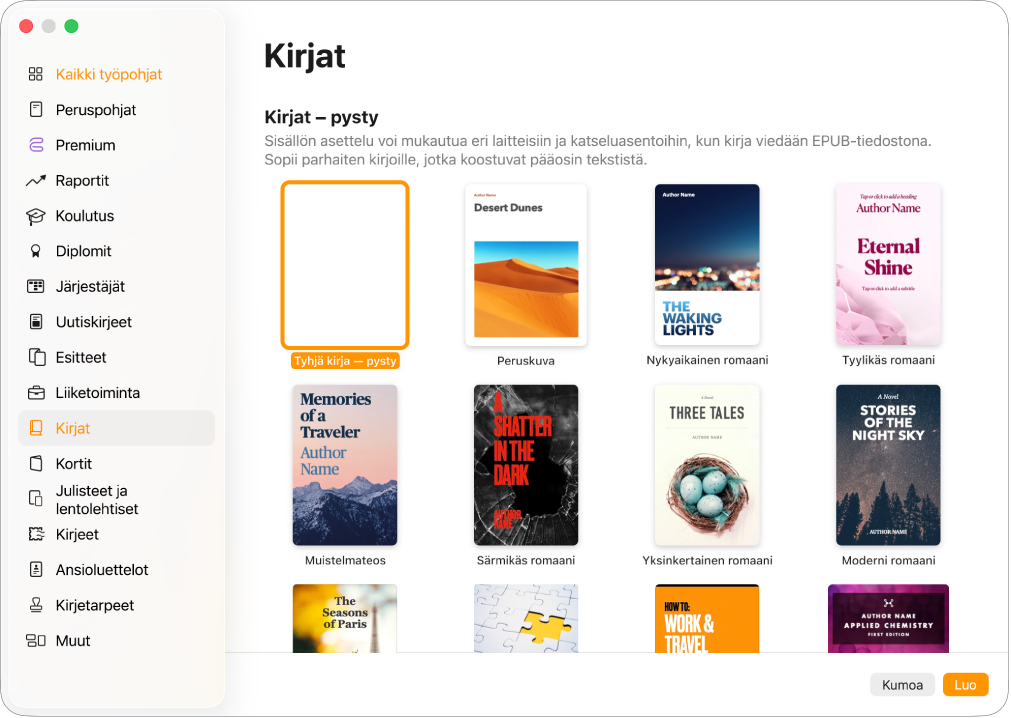 Työpohjan valitsin, jossa on vasemmalla kategorialuettelossa valittuna Kirjat ja oikealla on kirjatyöpohjia pystysuunnassa.