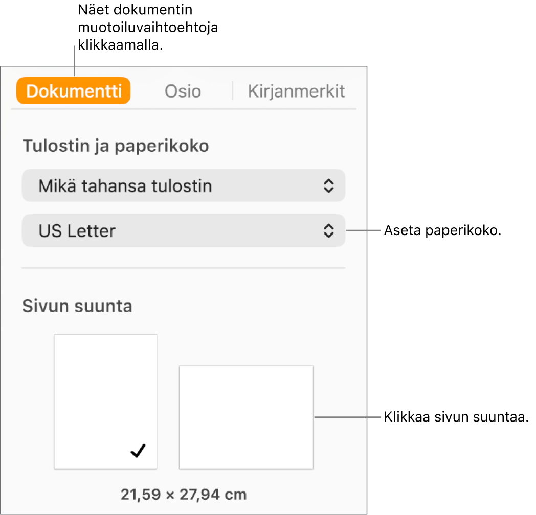 Dokumentti-sivupalkki ja Dokumentti-välilehti valittuna sivupalkin yläreunassa. Sivupalkissa on ponnahdusvalikko paperikoon ja painikkeet pysty- ja vaakasuunnan asettamista varten.