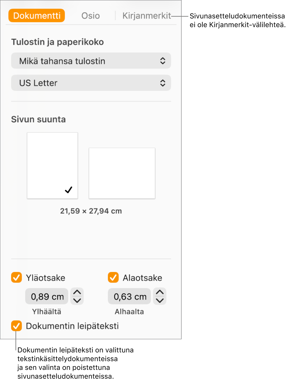 Muoto-sivupalkki, jonka yläreunassa ovat Dokumentti-, Osio- ja Kirjanmerkit-välilehdet. Dokumentti-välilehti on valittuna, ja Kirjanmerkit-välilehden selitteessä kerrotaan, että sivunasetteludokumenteissa ei ole Kirjanmerkit-välilehteä. Dokumentin leipäteksti -valintaneliö on valittuna, mikä myös ilmaisee, että kyseessä on tekstinkäsittelydokumentti.