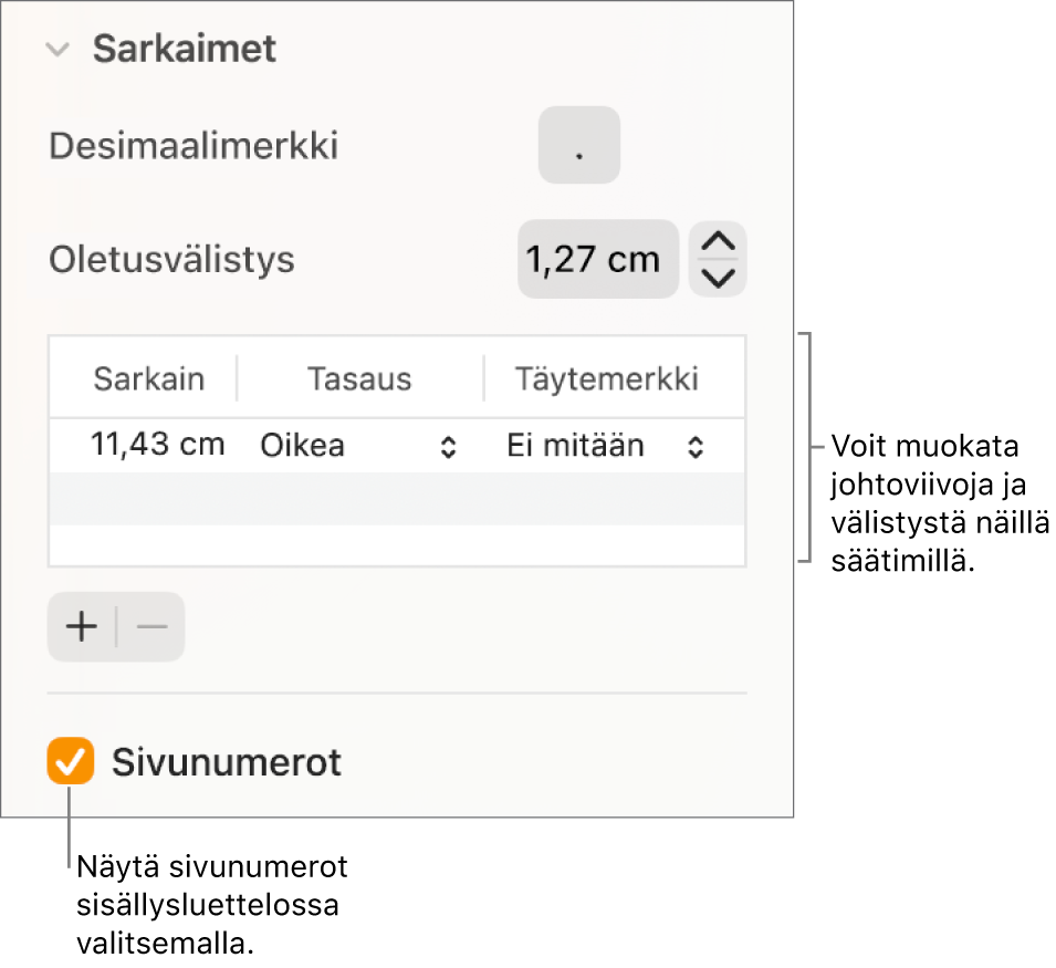 Muoto-sivupalkin Välilehdet-osio. Oletusvälistys-kohdan alapuolella on taulukko, jossa ovat Sarkain-, Tasaus- ja Johtoviiva-sarakkeet. Taulukon alle tulee näkyviin valintamerkillä valittu Sivunumerot-valintaneliö.