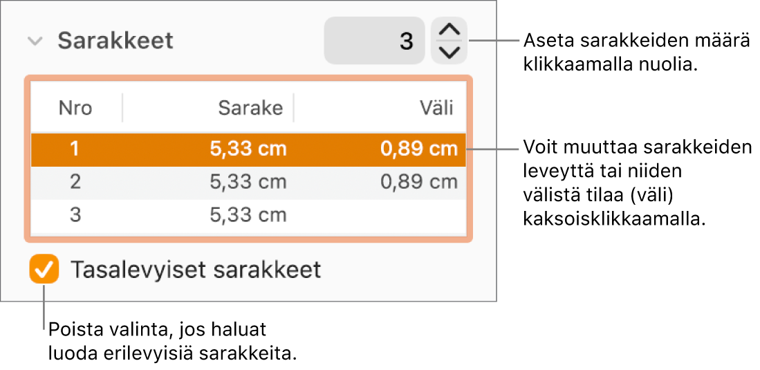 Muoto-inspektorin Asettelu-osio, jossa näkyvät sarakkeiden säätimet.