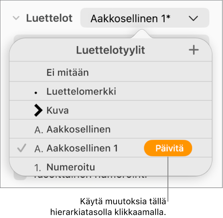 Luettelotyylit-ponnahdusvalikko, jossa uuden tyylin nimen vieressä on Päivitä-painike.