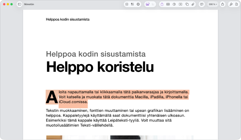 Työpohjan paikanvaraajateksti valittuna avoimessa dokumentissa.
