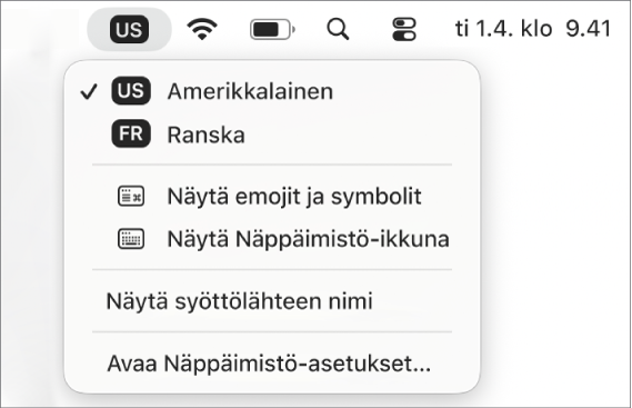 Valikkorivin oikeassa yläkulmassa oleva syöttövalikko.