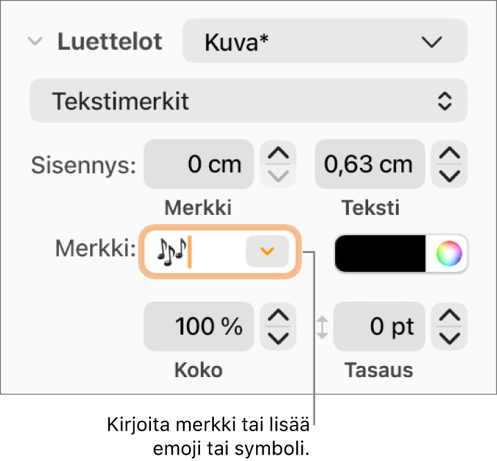 Muoto-sivupalkin Luettelot-osio. Luettelomerkki-kenttä, jossa näkyy kukkaemoji.
