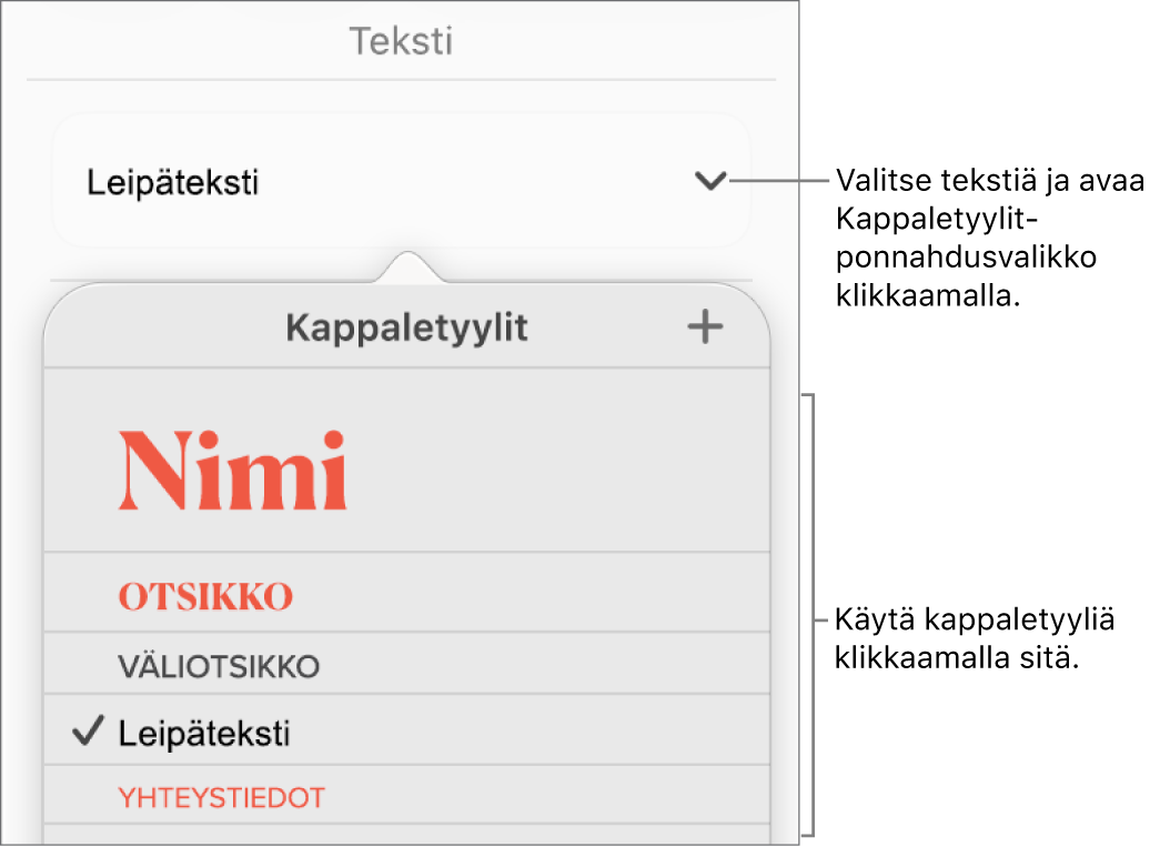 Kappaletyylit-valikko.