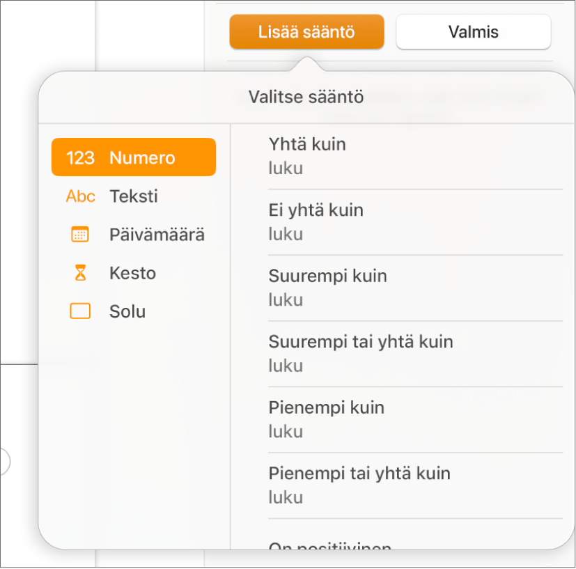 Painikkeita ehdollisten korostussääntöjen luomiseen.