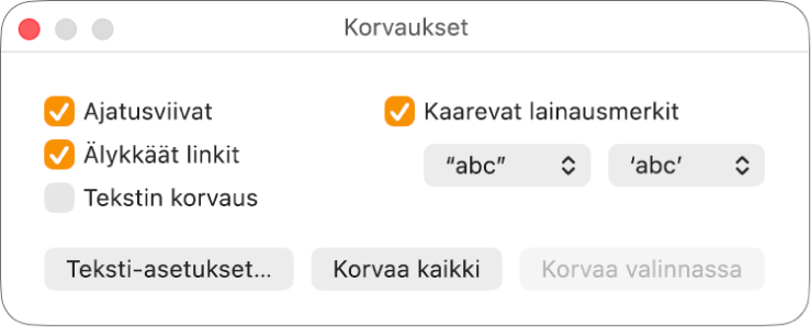 Korvaukset-ikkuna.