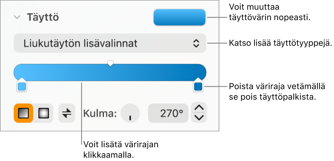 Säätimet objektien täyttämiseen väreillä.