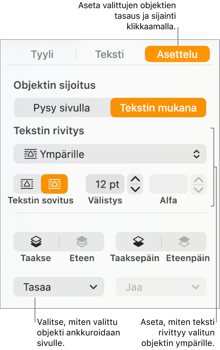 Muoto-valikko, josta näkyy Asettele-sivupalkki. Asettele-sivupalkin yläosassa ovat Objektin sijoitus ‑asetukset ja niiden alla Tekstin rivitys ‑asetukset.