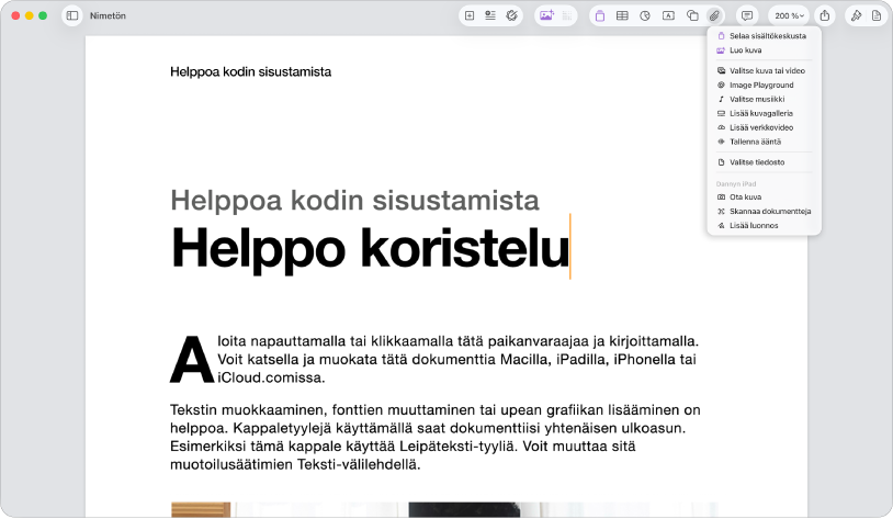 Avoin dokumentti, jossa on Lisää media -valikko avattuna.