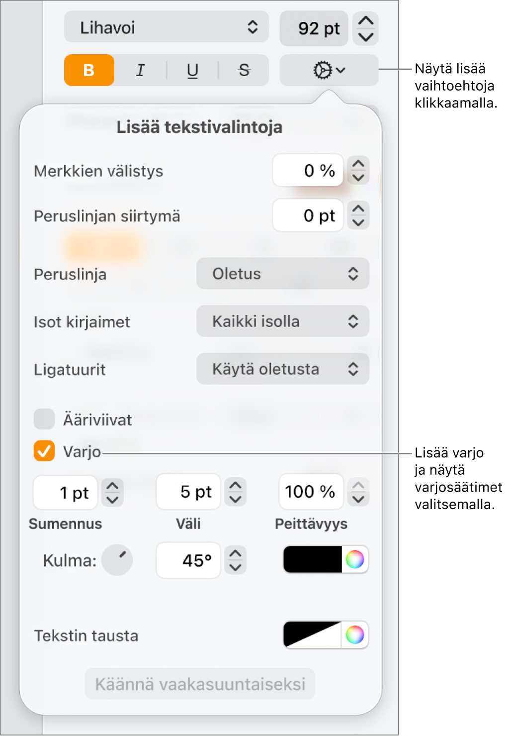 Avoinna on Lisävalinnat-valikko, jossa on valittuna Varjot-valintaneliö sekä sumennuksen, välin, peittävyyden, kulman ja värin asetukset.