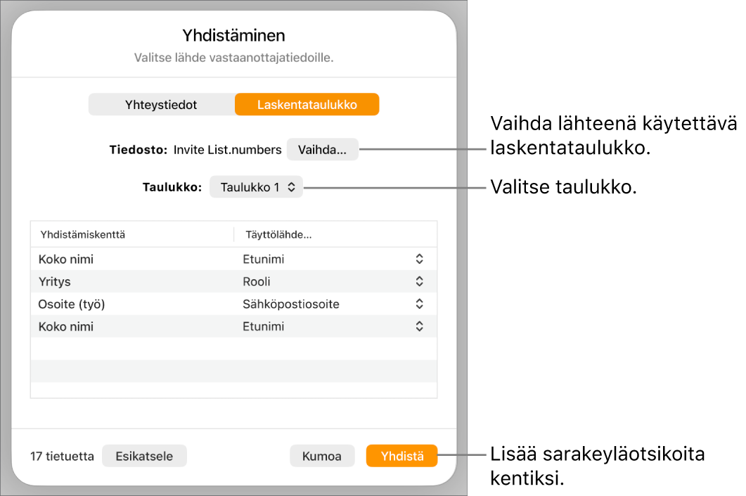 Yhdistämiskenttien esikatselu -näkymä avoinna, ja näkyvillä on valinnat lähdetiedoston tai -taulukon muuttamiseen, yhdistämiskenttien nimien esikatseluun tai sarakkeiden otsakkeiden lisäämiseen kenttinä.