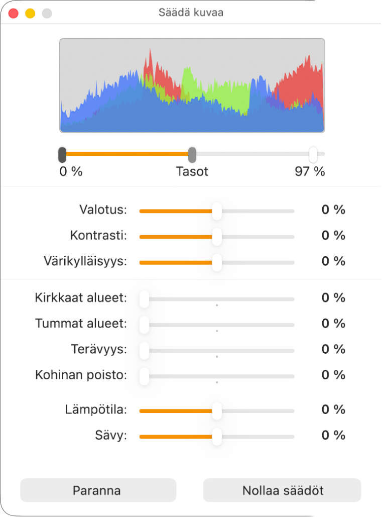 Säädä kuvaa -ikkuna, jossa on liukusäätimiä valotuksen, kontrastin, kylläisyyden, korostusten, varjojen, terävyyden, kohinan poiston, lämpötilan ja sävyn asettamiseen.