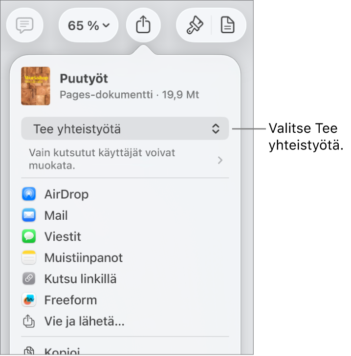 Jaa-valikko, jossa on ylhäällä valittuna Tee yhteistyötä, ja sen alla ovat käyttöoikeus- ja lupa-asetukset.