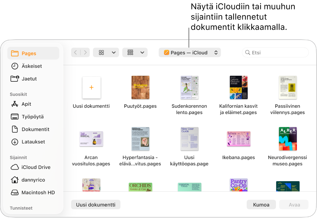 Avaa-valintaikkuna, jossa on sivupalkki avattuna vasemmalla ja iCloud Drive valittuna ponnahdusvalikossa ylhäällä. Pages-kansiossa näkyy valintaikkuna yhdessä Uusi dokumentti ‑painikkeen kanssa.