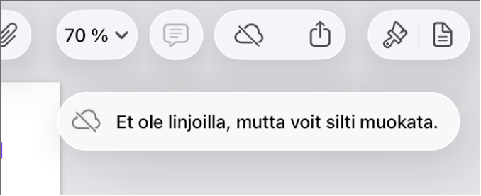 Näytön yläreunalla näkyy painikkeita, Yhteistyö-painike muuttuu pilven kuvaksi, jonka läpi menee vinottainen viiva. Näytöllä näkyvässä ilmoituksessa lukee ”Et ole linjoilla, mutta voit silti muokata.”