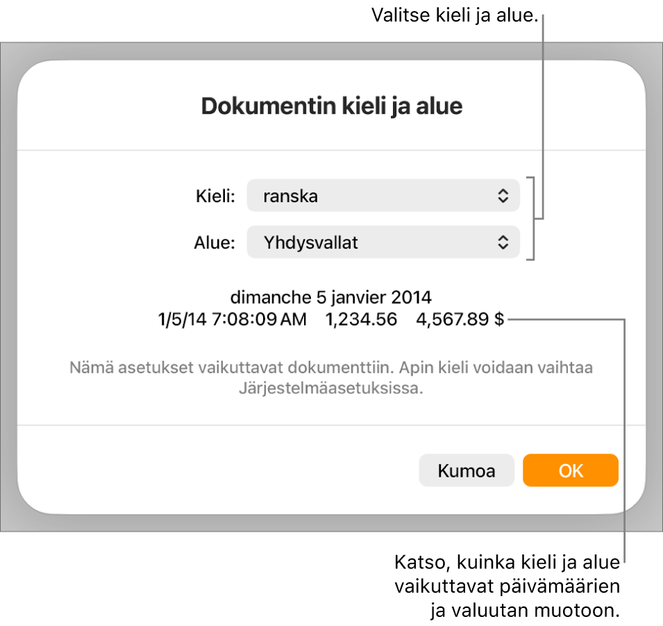 Kieli ja alue -osio, jossa näkyvät kielen ja alueen säätimet sekä muotoesimerkki päivämäärälle, kellonajalle, desimaaliluvulle ja valuutalle.