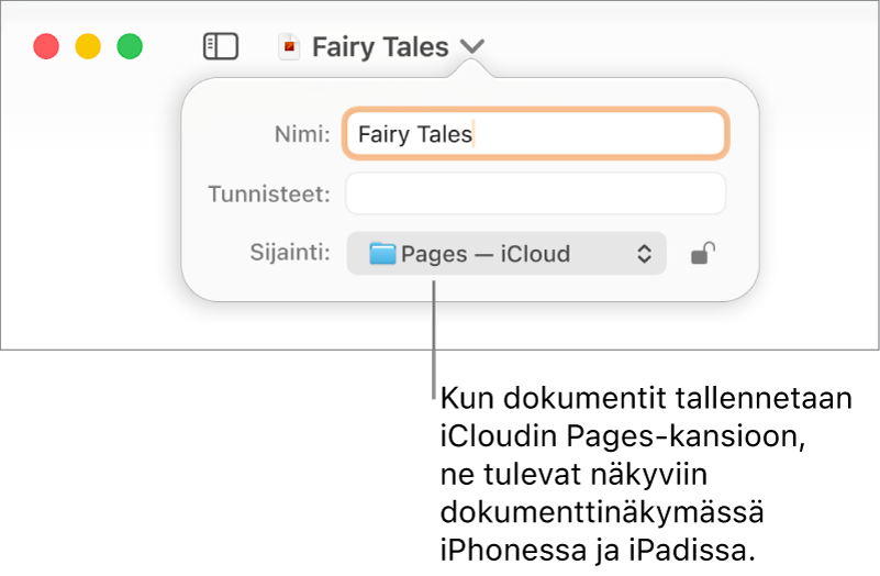 Tallenna-valintaikkuna dokumentille, jonka Missä-ponnahdusvalikossa on Pages – iCloud.