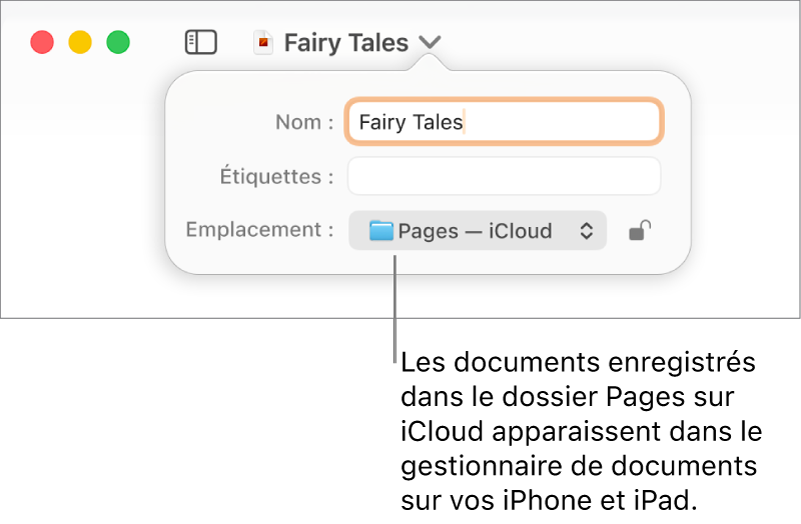 Zone de dialogue d’enregistrement d’un document avec Pages (iCloud dans le menu contextuel Emplacement).