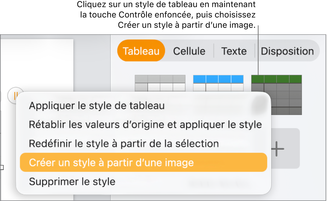 Le menu contextuel Style de tableau.
