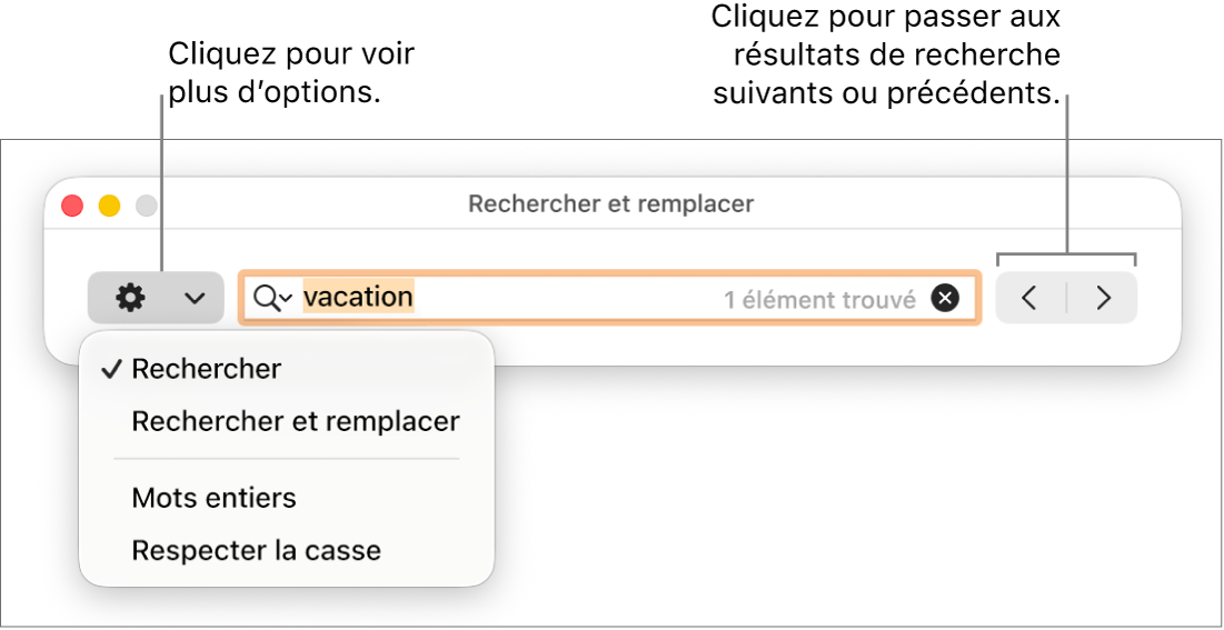 La fenêtre Rechercher et remplacer avec le menu contextuel qui affiche les options Rechercher, Rechercher et remplacer, Mots entiers et Respecter la casse. Les flèches situées à droite vous permettent d’accéder directement aux résultats de recherche précédents ou suivants.