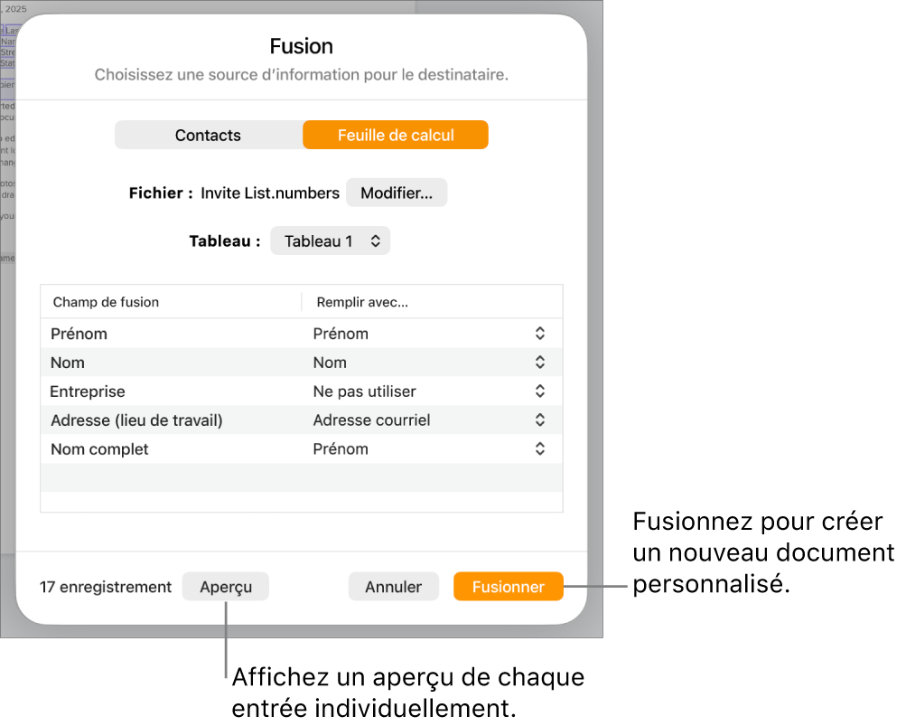 Onglet Fusion ouvert, avec options de modifier le fichier ou le tableau source, d’obtenir un aperçu des noms de champs de fusion ou des registres individuels, ou de fusionner le document.