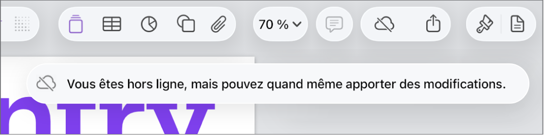 Les boutons en haut de l’écran, avec le bouton Collaboration qui se transforme en un nuage traversé par une ligne diagonale. Une alerte à l’écran indique « Vous êtes hors ligne, mais pouvez quand même apporter des modifications ».