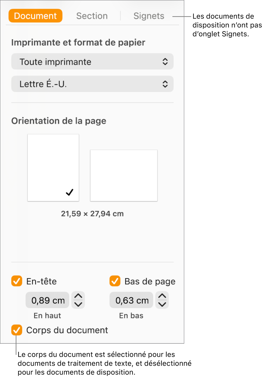 La barre latérale Format avec les onglets Document, Section et Signets en haut. L’onglet Document est sélectionné, et une légende accompagnant l’onglet Signets indique que les documents de mise en page n’ont pas d’onglet Signets. La case « Corps du document » est cochée, ce qui indique également qu’il s’agit d’un document de traitement de texte.