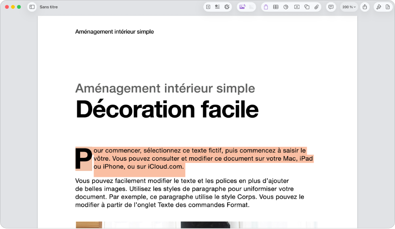 Dans un document ouvert où le texte fictif du modèle est sélectionné.