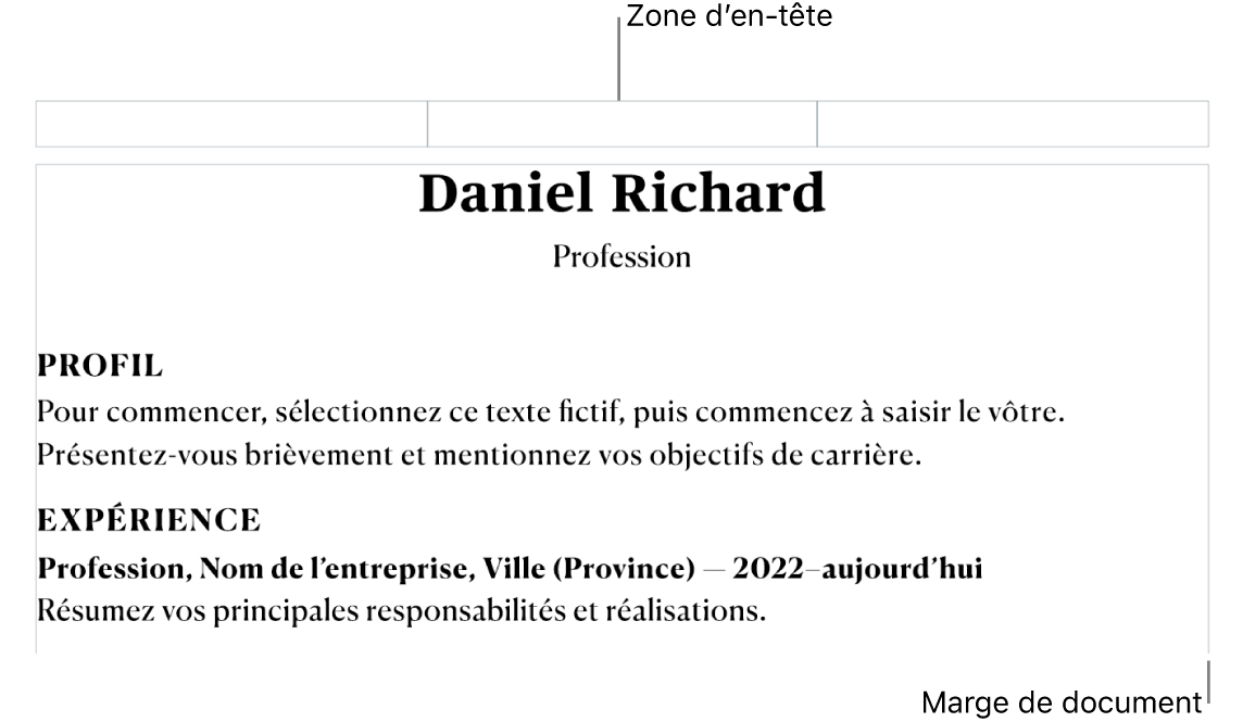 Le mode d’affichage Disposition montrant la zone d’en-tête et les marges de document.