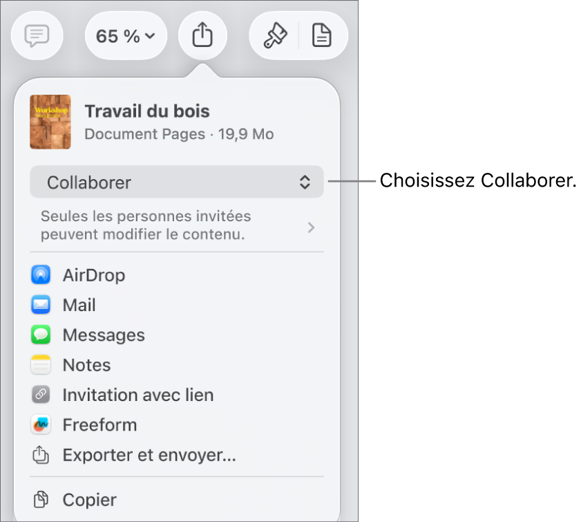 Le menu Partager avec l’option Collaborer sélectionnée dans le haut, au-dessus des réglages d’accès et d’autorisation.