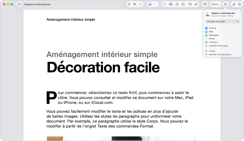 Document ouvert avec le menu Partager ouvert.