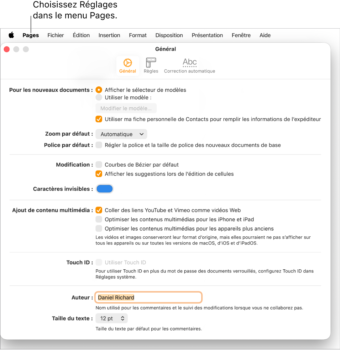 Sous-fenêtre des réglages de Pages ouverte à l’onglet Général
